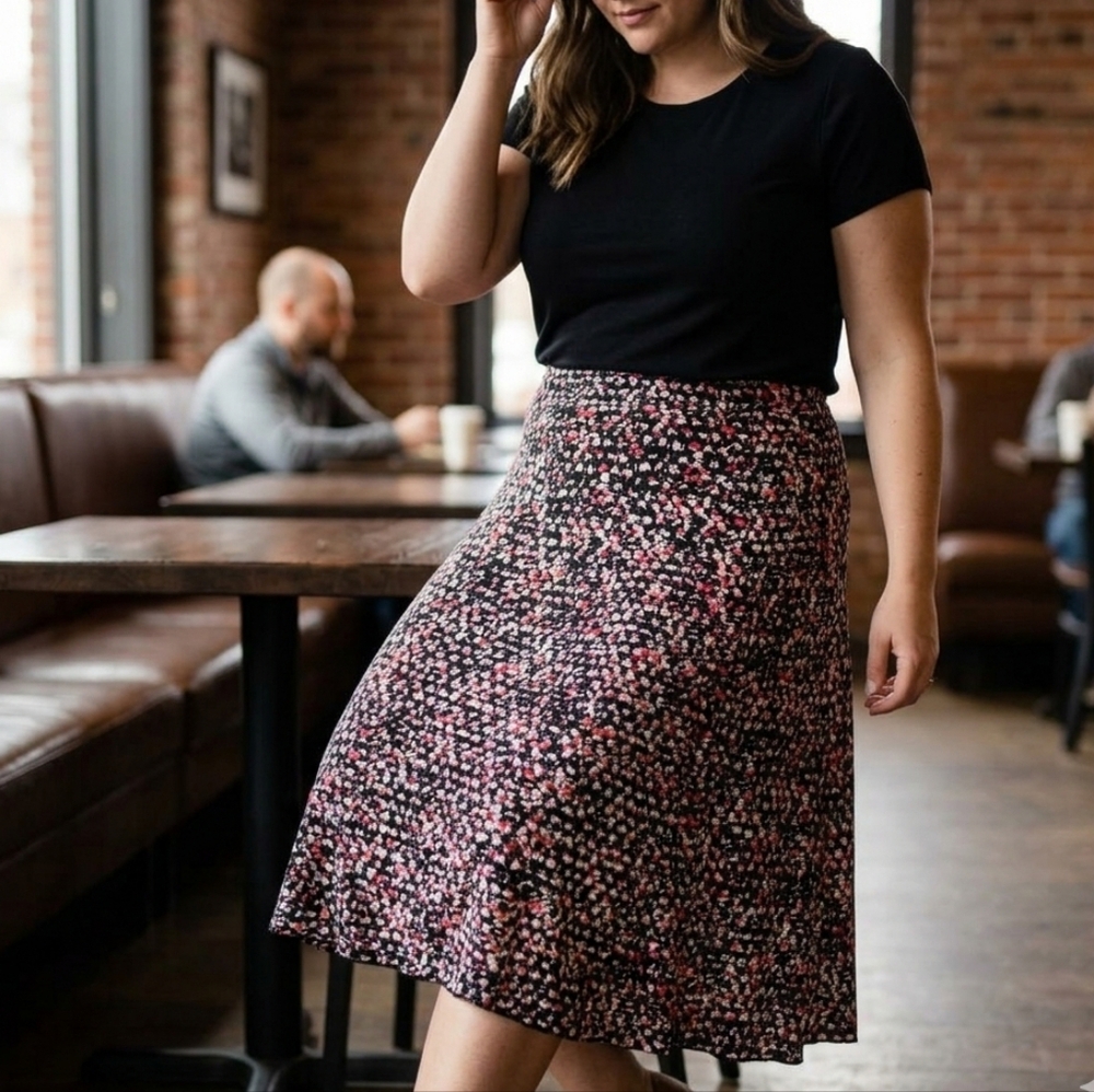 Premise Black Floral Midi Skirt Size M Pink White Stretch Pencil Skirt